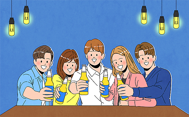 여자 남자 일러스트 전구 맥주 병맥주 함께함 웃음 들기 여러명 상반신 성인 파란색 친구 동료 건배 회식 성인만 옹기종기 국내일러스트 AI파일 컬러 다수 컨셉 관계 모션 주류 표정 사람 식사 파일형식 벡터