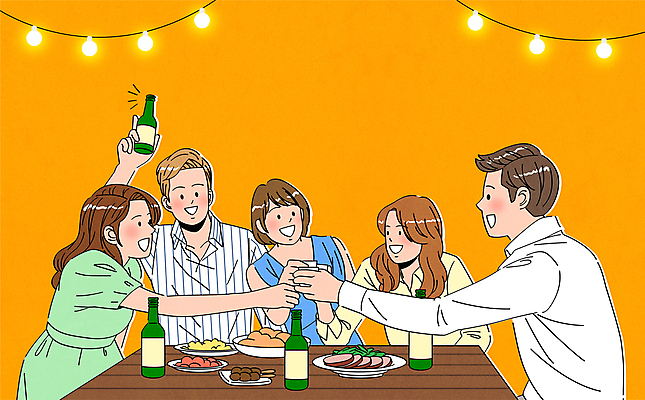 여자 남자 일러스트 식탁 함께함 웃음 들기 여러명 상반신 성인 친구 노란색 동료 건배 소주 소주병 소주잔 알전구 회식 성인만 국내일러스트 AI파일 컬러 다수 컨셉 술잔 전구 관계 모션 탁자 술병 주류 표정 사람 식사 파일형식 벡터