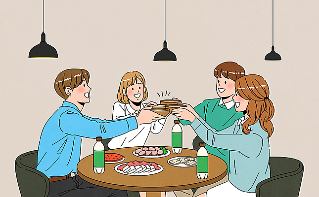 여자 남자 일러스트 식탁 전등 함께함 웃음 들기 여러명 상반신 성인 친구 동료 건배 막걸리 회식 성인만 막걸리잔 국내일러스트 AI파일 다수 컨셉 술잔 관계 모션 탁자 조명 주류 표정 사람 식사 파일형식 벡터