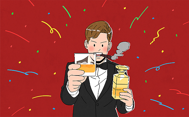 남자 일러스트 함께함 흡연 담배 한명 웃음 들기 정장 상반신 성인 빨간색 자신감 물기 손내밀기 건배 꽃가루 양주 위스키 위스키병 성인남자한명만 국내일러스트 AI파일 1 옷 감정 컬러 컨셉 모션 주류 표정 사람 손짓 가루 남자한명만 성인남자만 파일형식 벡터