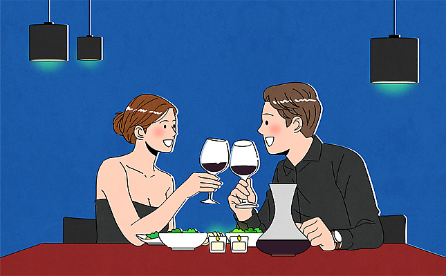 커플 여자 남자 와인잔 데이트 일러스트 조명 함께함 웃음 들기 상반신 성인 두명 마주보기 와인 건배 와인바 성인만 국내일러스트 AI파일 컨셉 술잔 관계 모션 주류 표정 사람 파일형식 벡터