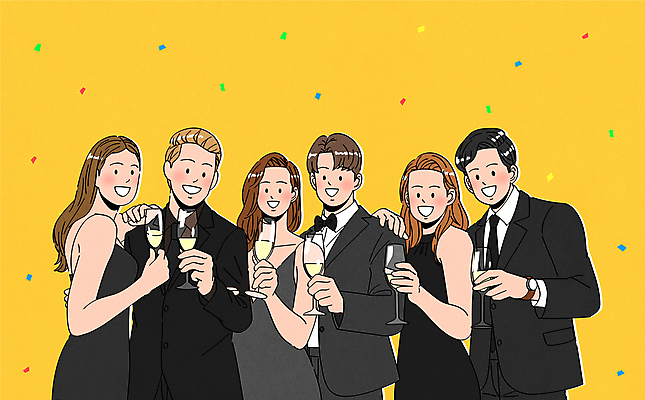 커플 여자 남자 일러스트 함께함 웃음 들기 정장 턱시도 여러명 상반신 성인 친구 노란색 파티 샴페인 건배 샴페인잔 꽃가루 성인만 국내일러스트 AI파일 옷 컬러 다수 컨셉 술잔 관계 모션 주류 표정 사람 이벤트 가루 파일형식 벡터