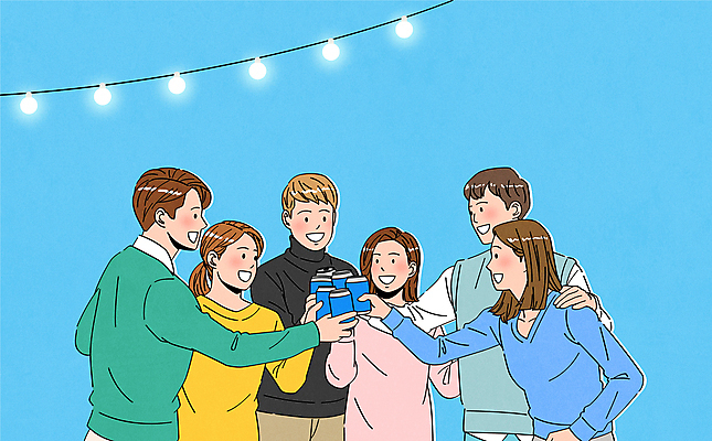 여자 남자 하늘색 일러스트 맥주 함께함 웃음 들기 여러명 상반신 성인 친구 건배 캔맥주 알전구 성인만 어깨에손 국내일러스트 AI파일 다수 컨셉 전구 관계 모션 주류 표정 사람 파란색 캔 파일형식 벡터