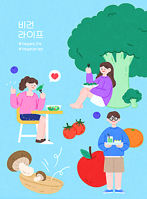 전신 PSD 여자 남자 하늘색 일러스트 방울토마토 귤 서기 들기 앉기 성인 세명 버섯 샐러드 사과 브로콜리 먹기 채식 따봉 채식주의자 성인만 비건 국내일러스트 음식 토마토 채소 과일 모션 사람 파란색 최고 파일형식