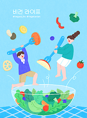 전신 PSD 여자 남자 하늘색 포크 채소 과일 일러스트 들기 성인 두명 점프 샐러드 채식 채식주의자 성인만 비건 비건음식 국내일러스트 식기 음식 모션 사람 파란색 파일형식