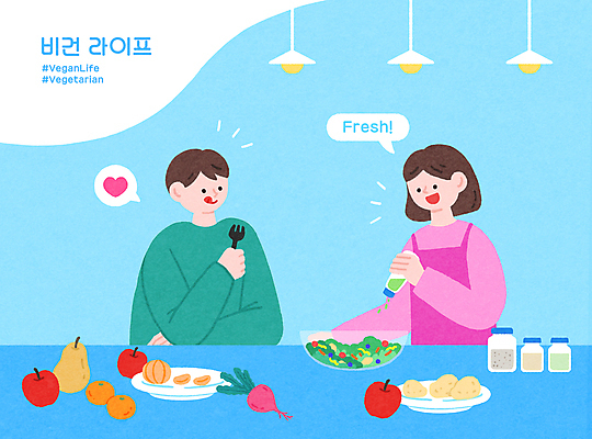 PSD 여자 남자 하늘색 채소 과일 일러스트 들기 상반신 성인 두명 식사 샐러드 신선 소스 먹기 뿌리기 채식 채식주의자 성인만 비건 맛있는 비건음식 국내일러스트 음식 모션 사람 파란색 양념 파일형식