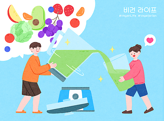 전신 PSD 여자 남자 하늘색 채소 과일 일러스트 서기 들기 성인 두명 주스 붓기 믹서 채식 채식주의자 성인만 비건 비건음식 그린스무디 국내일러스트 음료 음식 모션 사람 파란색 스무디 파일형식