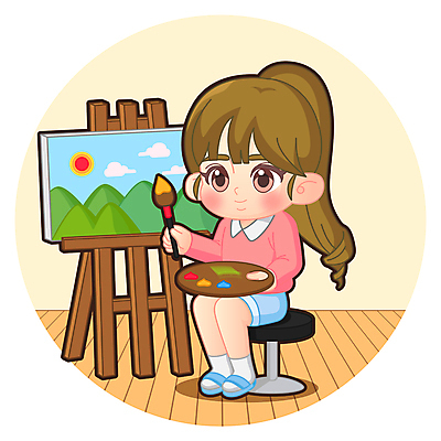 전신 여자 어린이교육 어린이 일러스트 미술 한명 앉기 소녀 붓 그리기 팔레트 이젤 그림 미술교육 그림공부 소녀한명만 월간캐릭터 일러캐릭터 AI파일 캐릭터 1 교육 모션 문화예술 사람 학습 미술도구 여자한명만 소녀만 파일형식 벡터