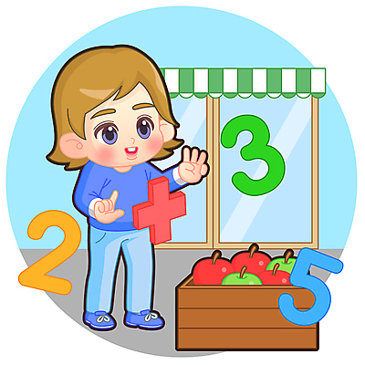 전신 여자 어린이교육 어린이 일러스트 한명 서기 소녀 숫자 상점 수학 사과 덧셈 플러스 수학교육 사과상자 소녀한명만 월간캐릭터 일러캐릭터 AI파일 문자 캐릭터 1 기호 교육 과일 교과목 모션 사람 상자 여자한명만 소녀만 파일형식 벡터