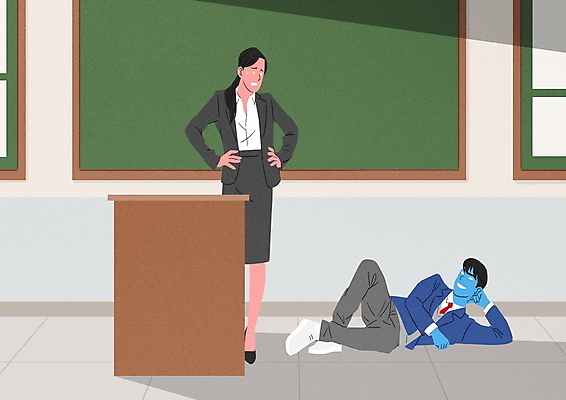 전신 PSD 여자 남자 교복 남학생 허리손 일러스트 교실 청소년 서기 성인 두명 눕기 교사 사회이슈 교탁 당황 무례 교권침해 하극상 국내일러스트 직업 학생 옷 교육 감정 포즈 컨셉 학교 모션 사람 파일형식