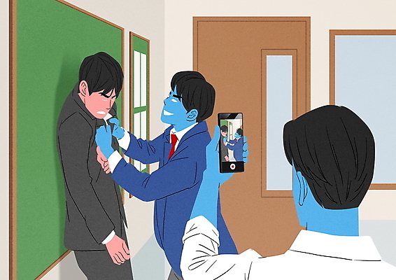 PSD 남자 교복 남학생 일러스트 교실 청소년 상반신 성인 세명 스마트폰 교사 잡기 폭력 사회이슈 멱살 폭행 남자만 영상촬영 교권침해 하극상 국내일러스트 직업 학생 옷 교육 컨셉 학교 모션 사람 핸드폰 스마트기기 촬영 범죄 파일형식