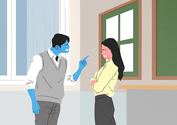 PSD 여자 남자 교복 남학생 일러스트 청소년 상반신 성인 두명 마주보기 팔짱 교사 분노 사회이슈 당황 반항 삿대질 폭언 교권침해 하극상 국내일러스트 직업 학생 옷 감정 컨셉 모션 사람 손짓 파일형식 언어폭력