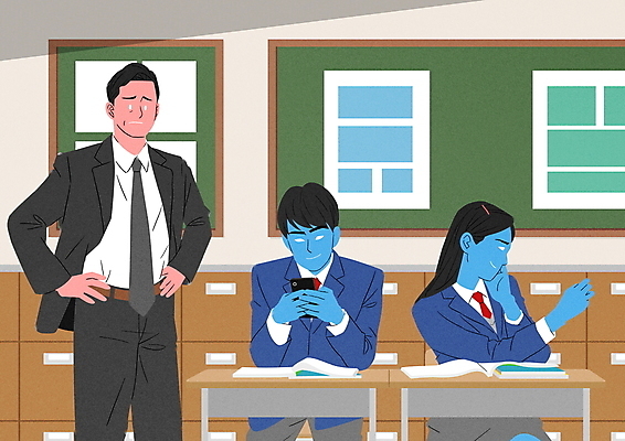 PSD 여학생 여자 남자 교복 남학생 중년 허리손 일러스트 교실 청소년 수업 수업중 앉기 상반신 세명 스마트폰 교사 사회이슈 딴짓 못마땅 교권침해 국내일러스트 직업 학생 옷 교육 감정 포즈 컨셉 학교 모션 사람 성인 핸드폰 스마트기기 파일형식