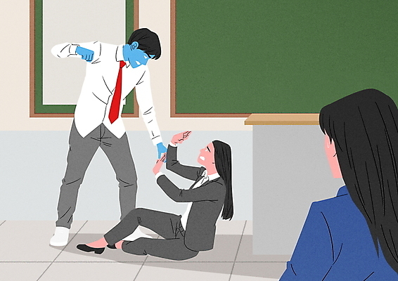 전신 PSD 여학생 여자 남자 교복 남학생 일러스트 교실 청소년 서기 상반신 성인 세명 손들기 교사 주먹 폭력 수비 사회이슈 폭행 주저앉기 교권침해 하극상 국내일러스트 직업 학생 옷 교육 컨셉 학교 모션 사람 앉기 범죄 파일형식