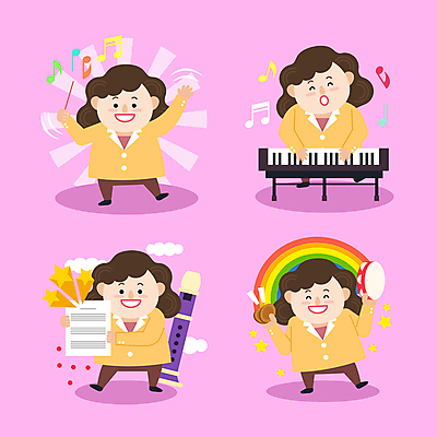 전신 여자 별 음악 무지개 연주 음표 일러스트 수업 들기 여러명 성인 교사 피아노 악보 음악교육 탬버린 지휘봉 지휘 리코더 음악선생님 캐스터네츠 성인여자만 월간캐릭터 일러캐릭터 AI파일 자연요소 직업 캐릭터 기호 교육 다수 모션 문화예술 타악기 사람 건반악기 목관악기 여자만 성인만 파일형식 벡터