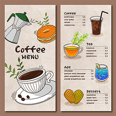 커피 음료 빵 일러스트 디저트 사람없음 카페 차 커피잔 찻잔 메뉴판 베이글 에이드 음료수컵 모카포트 블루레몬에이드 마들렌 국내일러스트 AI파일 음식 주전자 잔 컵 상점 파일형식 벡터
