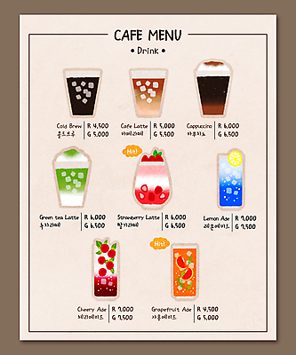 커피 일러스트 사람없음 카페 메뉴판 카푸치노 녹차라떼 자몽에이드 체리에이드 카페라떼 블루레몬에이드 콜드브루 딸기라떼 국내일러스트 AI파일 음료 상점 라떼 에이드 파일형식 벡터