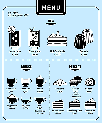 커피 하늘색 일러스트 디저트 사람없음 검은색 카페 차 조각케이크 크루아상 메뉴판 마카롱 롤케이크 에이드 클럽샌드위치 까눌레 국내일러스트 AI파일 음료 음식 빵 컬러 샌드위치 파란색 케이크 상점 파일형식 벡터