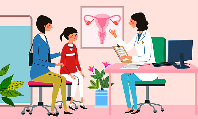 전신 여자 교육 화분 어린이 일러스트 말하기 설명 앉기 소녀 성인 세명 컴퓨터 환자 의사 책상 산부인과 자궁 산부인과의사 생리 여자만 국내일러스트 AI파일 가구 의학 모션 병원 사람 전자제품 의료진 장기_의학 생리현상 파일형식 벡터