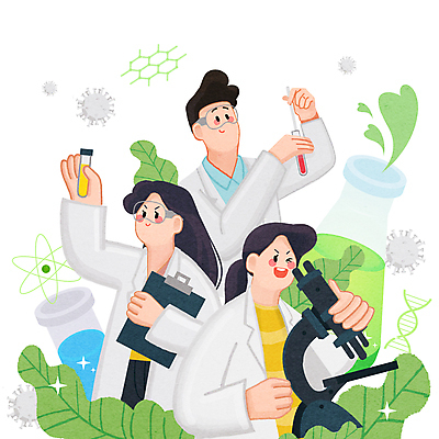 PSD 여자 남자 과학 잎 일러스트 고글 현미경 실험 들기 상반신 성인 세명 관찰 바이러스 연구원 플라스크 시험관 바이오 서류판 성인만 국내일러스트 식물 직업 모션 실험기구 사람 사무용품 파일형식