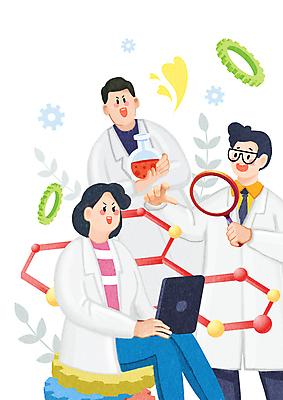 PSD 여자 남자 과학 일러스트 돋보기 실험 웃음 들기 앉기 상반신 성인 세명 노트북 관찰 연구원 플라스크 바이오 분자구조 성인만 국내일러스트 직업 모션 표정 실험기구 사람 전자제품 파일형식