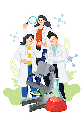 전신 PSD 여자 남자 과학 일러스트 돋보기 현미경 실험 서기 들기 성인 세명 가리킴 관찰 연구원 플라스크 바이오 성인만 현미경관찰 국내일러스트 직업 모션 실험기구 사람 손짓 파일형식