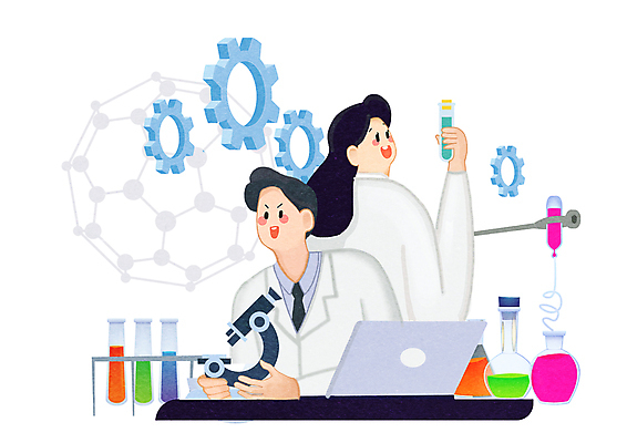 PSD 여자 남자 과학 일러스트 현미경 실험 들기 상반신 성인 두명 노트북 관찰 연구원 플라스크 시험관 톱니바퀴 바이오 성인만 국내일러스트 직업 모션 실험기구 사람 전자제품 파일형식