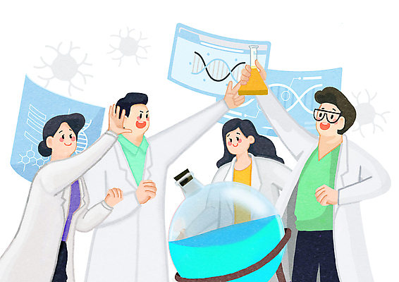 PSD 여자 남자 과학 일러스트 협력 실험 웃음 들기 여러명 상반신 성인 손들기 스크린 기쁨 연구원 플라스크 동료 즐거움 발견 바이오 성인만 국내일러스트 직업 감정 다수 관계 모션 표정 실험기구 사람 파일형식