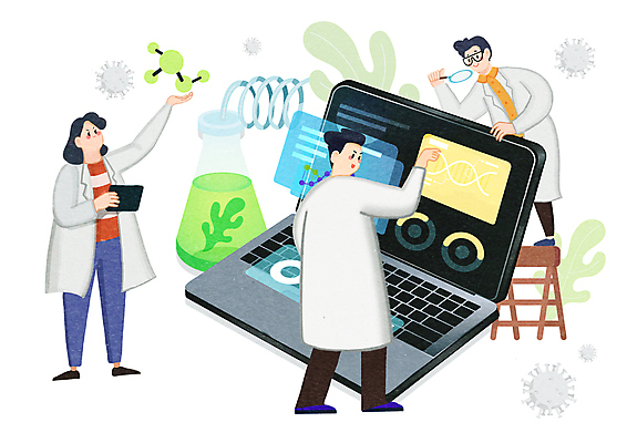 전신 PSD 여자 남자 과학 일러스트 사다리 실험 서기 들기 성인 세명 노트북 자료 기록 연구원 플라스크 바이오 분자구조 성인만 국내일러스트 직업 모션 실험기구 사람 전자제품 도구 파일형식