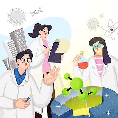 PSD 여자 남자 과학 일러스트 실험 들기 상반신 성인 세명 기록 연구원 플라스크 시험관 문서 바이오 분자구조 성인만 국내일러스트 직업 모션 실험기구 사람 파일형식