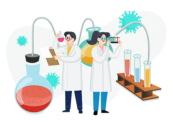 전신 PSD 응시 여자 남자 과학 일러스트 실험 서기 들기 성인 두명 관찰 바이러스 연구원 플라스크 시험관 바이오 시험관대 성인만 국내일러스트 직업 시선 모션 실험기구 사람 파일형식