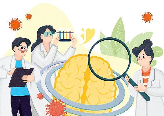 PSD 여자 남자 과학 일러스트 돋보기 실험 들기 상반신 성인 세명 바이러스 연구원 시험관 두뇌 뇌 바이오 서류판 성인만 국내일러스트 직업 모션 실험기구 사람 사무용품 파일형식