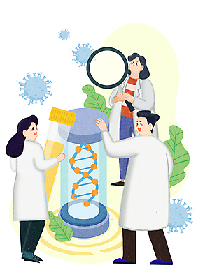 전신 PSD 여자 남자 과학 일러스트 돋보기 실험 서기 들기 성인 세명 관찰 바이러스 DNA 연구원 시험관 바이오 이중나선구조 성인만 국내일러스트 직업 모션 실험기구 사람 생명공학 파일형식
