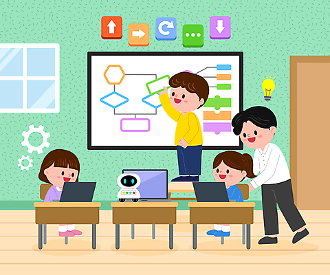 전신 여학생 여자 어린이교육 남자 어린이 남학생 일러스트 교실 수업 서기 들기 앉기 소녀 소년 여러명 성인 노트북 교사 로봇 프로그래밍 코딩 에듀테크 AI_인공지능 국내일러스트 AI파일 직업 학생 교육 다수 학교 모션 정보기술 사람 전자제품 작업 개발 컴퓨터교육 파일형식 벡터