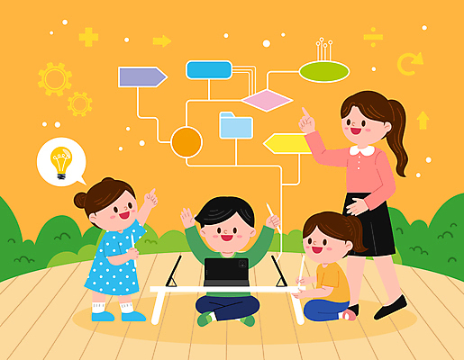 전신 여학생 여자 어린이교육 남자 어린이 남학생 말풍선 일러스트 전구 수업 수업중 서기 앉기 소녀 소년 여러명 성인 태블릿 노란색 교사 만세 가리킴 프로그래밍 코딩 에듀테크 국내일러스트 AI파일 직업 학생 교육 컬러 다수 모션 정보기술 사람 손짓 전자제품 스마트기기 작업 개발 컴퓨터교육 파일형식 벡터