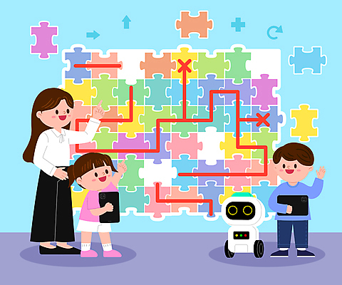 전신 여학생 여자 어린이교육 남자 어린이 남학생 일러스트 수업 서기 들기 소녀 소년 성인 세명 태블릿 교사 가리킴 퍼즐 로봇 퍼즐조각 경로 맞추기 문제해결 프로그래밍 코딩 에듀테크 AI_인공지능 국내일러스트 AI파일 직업 학생 교육 조각 모션 정보기술 사람 손짓 전자제품 스마트기기 작업 개발 컴퓨터교육 파일형식 벡터