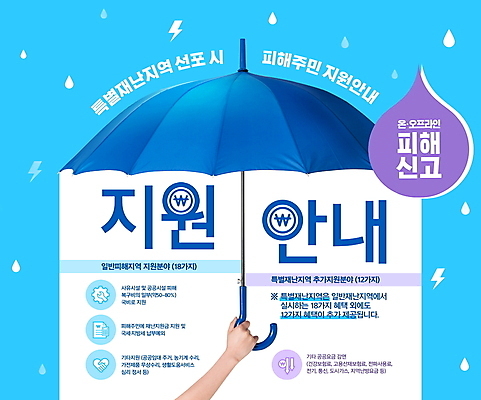 PSD 편집이미지 손 우산 안내 들기 신체부위 파란색 물방울 자연재해 알림 정부정책 지원 특별재난지역 이미지편집 컬러 모션 사람 재해 정책 파일형식