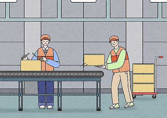 전신 PSD 남자 일러스트 공장 노동자 서기 들기 성인 두명 상자 수레 작업 제조 산업근로자 생산라인 컨베어밸트 성인남자만 생산직 국내일러스트 직업 공업 모션 사람 기계 카트 남자만 성인만 파일형식