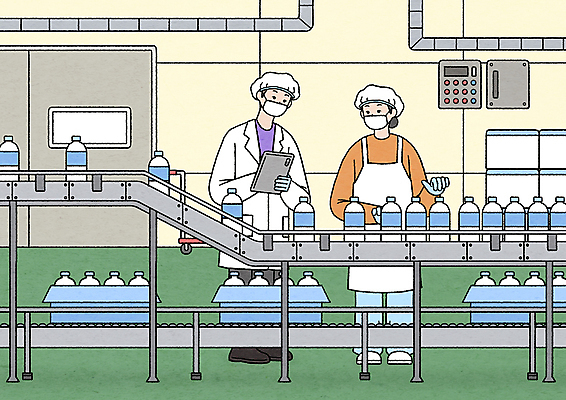 전신 PSD 여자 남자 일러스트 공장 노동자 마스크 서기 들기 성인 두명 우유 작업 제조 연구원 확인 검사_조사 산업근로자 생산라인 제조과정 컨베어밸트 성인만 생산직 국내일러스트 직업 공업 모션 유제품 사람 기계 과정 파일형식