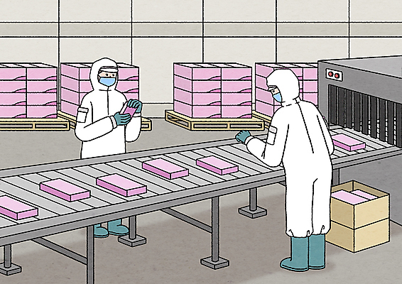 전신 PSD 여자 일러스트 포장 공장 노동자 마스크 서기 들기 성인 두명 상자 작업 제조 산업근로자 생산라인 제조과정 컨베어밸트 포장상자 성인여자만 생산직 국내일러스트 직업 공업 모션 사람 기계 과정 여자만 성인만 파일형식