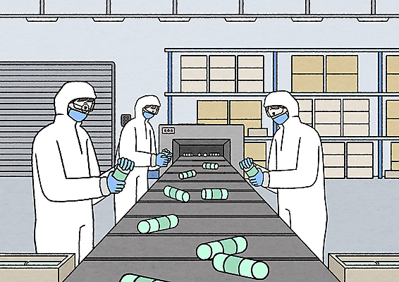 PSD 여자 남자 일러스트 공장 노동자 마스크 들기 상반신 성인 세명 상자 작업 제조 확인 검사_조사 산업근로자 원통 제조과정 컨베어밸트 성인만 생산직 국내일러스트 직업 공업 모션 사람 기계 과정 파일형식