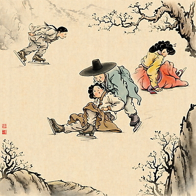 전신 PSD 나무 여자 남자 어린이 겨울 일러스트 레저 겨울스포츠 소년 여러명 성인 레포츠 스케이트 잡기 도움 한복 동양화 번짐 빙판 낙관 노려봄 질투 넘어짐 민속화 부축 아이스스케이트 풍속화 국내일러스트 식물 한국전통 계절 감정 스포츠용품 스포츠 다수 컨셉 모션 표정 미술 사람 전통의상 그림 파일형식 효과