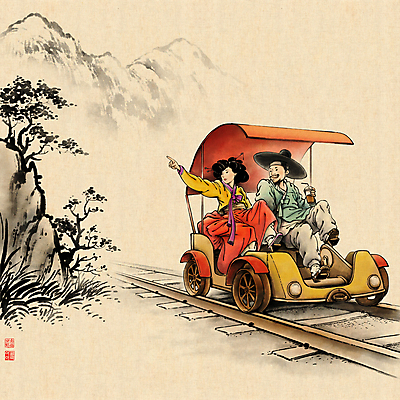 전신 PSD 나무 커플 여자 남자 커피 데이트 일러스트 레저 산 들기 성인 두명 레포츠 기찻길 가리킴 승차 한복 동양화 번짐 낙관 레일바이크 민속화 선로 풍속화 성인만 국내일러스트 식물 한국전통 음료 관계 모션 미술 사람 손짓 바이크 전통의상 그림 파일형식 효과