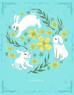 PSD 꽃 하늘색 잎 일러스트 나뭇잎 세마리 사람없음 토끼 빈티지 풀 분위기 감성 흰토끼 국내일러스트 식물 컨셉 포유류 3 파란색 반려동물 파일형식