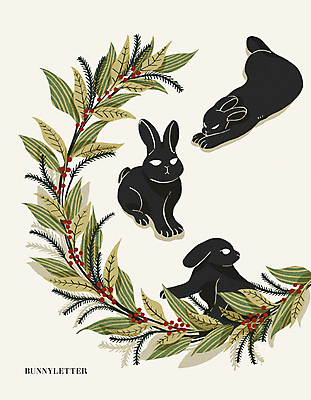 PSD 열매 꽃 잎 일러스트 나뭇잎 세마리 사람없음 눕기 토끼 빈티지 분위기 감성 베이지색 잎줄기 흑토끼 국내일러스트 식물 줄기 컬러 컨셉 포유류 모션 3 반려동물 파일형식