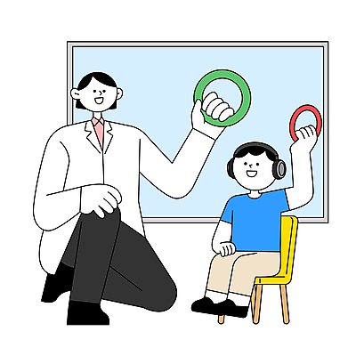 전신 여자 남자 어린이 의자 일러스트 병원 들기 앉기 소년 성인 두명 헤드폰 의사 원형 고리 무릎꿇기 소아과 청력검사 국내일러스트 AI파일 도형 음향기기 가구 의학 모션 사람 의료진 검사_조사 파일형식 벡터