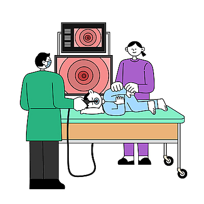 전신 여자 남자 어린이 일러스트 소년 성인 세명 눕기 모니터 간호사 의사 잠 검사_조사 심플 소아과 내시경 소아과의사 위내시경 국내일러스트 AI파일 모션 병원 사람 컴퓨터 의료진 파일형식 벡터