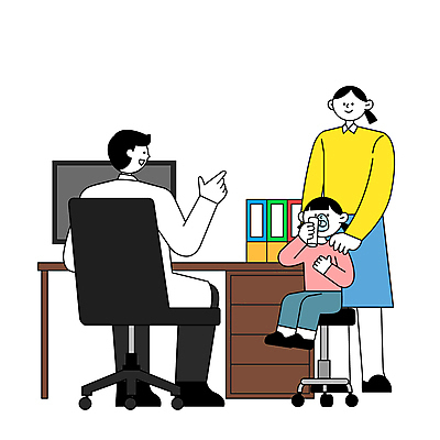 전신 여자 남자 어린이 일러스트 병원 설명 서기 들기 앉기 소녀 성인 치료 세명 진료 의사 심플 소아과 소아과의사 천식 어깨에손 천식흡입기 국내일러스트 AI파일 의학 모션 사람 의료진 의학용품 질병 파일형식 벡터