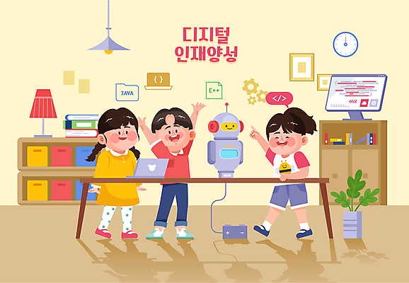 전신 학생 여자 어린이교육 교육 남자 화분 어린이 일러스트 교실 조명 서기 소녀 소년 세명 노트북 손들기 디지털 모니터 만세 로봇 책상 어린이만 국내일러스트 AI파일 가구 학교 모션 사람 전자제품 컴퓨터 파일형식 벡터