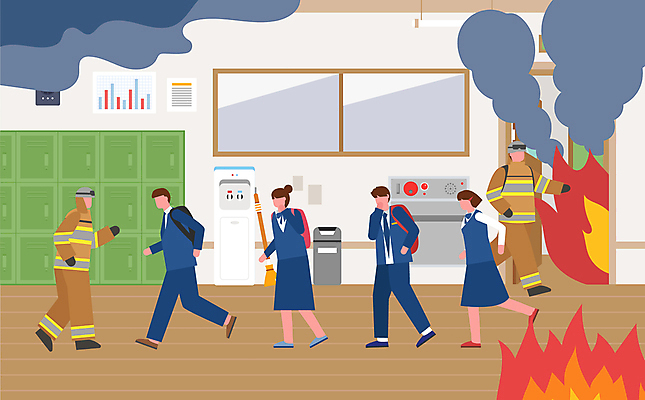 전신 학생 여자 남자 교복 일러스트 학교 청소년 불 여러명 성인 달리기 긴급 복도 연기 소방관 화재 대피 얼굴없음 국내일러스트 AI파일 자연요소 옷 교육 다수 모션 사람 구조원 소방 사건 파일형식 벡터